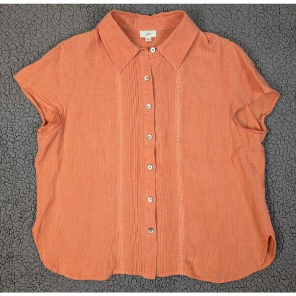 J Jill Top Button Up 100% Linen Eyelet Short Sleeve Size Medium Peach Pleated - Picture 1 of 13